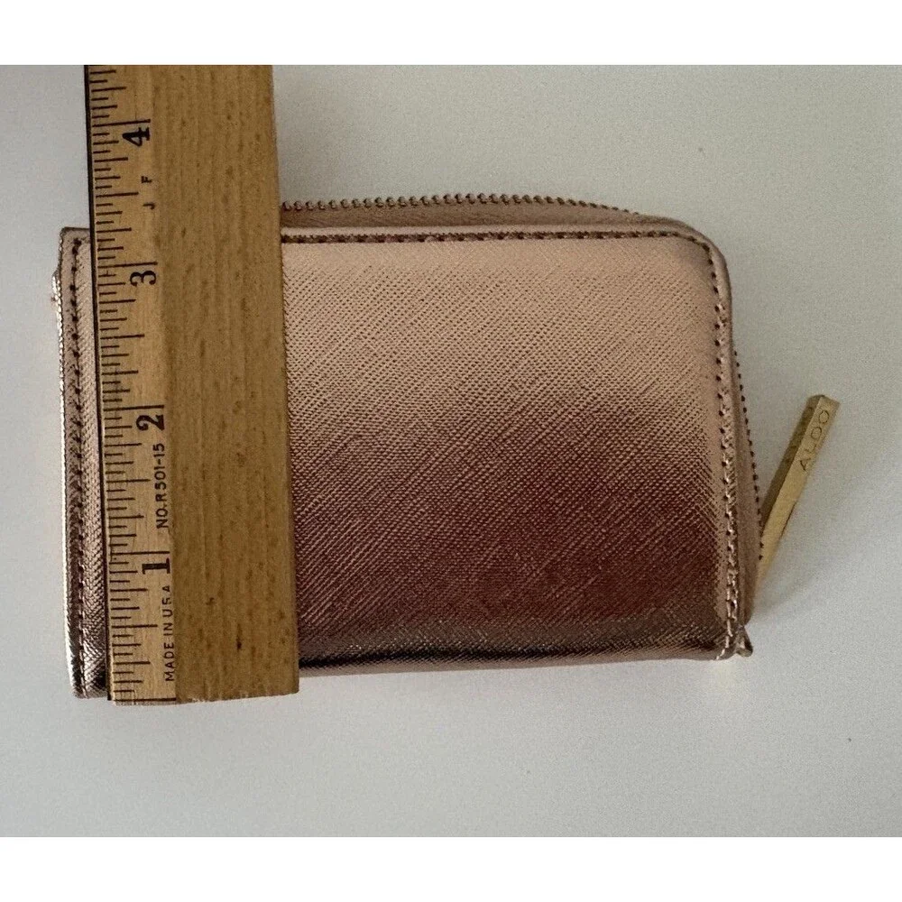 Aldo Women’s Zip Around Wallet Card Holder Rose Gold Metallic Metal Charm
